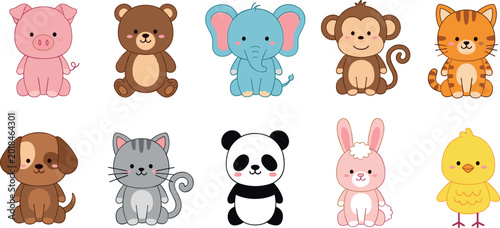 Photography Adorable Kawaii Animal Character Set Featuring Cute Pig Bear Elephant Monkey Cat