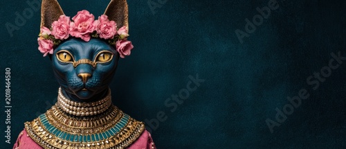 Blue sphinx cat dressed as Egyptian queen wearing floral crown and gold jewelry accessories with ancient royal styling and decorative historical portrait composition