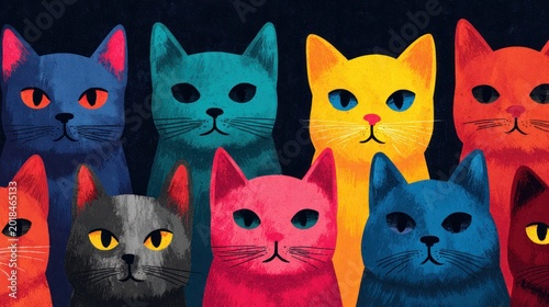 Group of colorful cats arranged in flat artistic illustration style with bold solid background colors and playful modern graphic composition