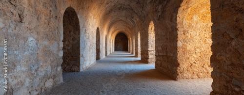 Ancient Stone Corridor With Vaulted Arches In Historical Building Interior Perspective View Representing Classical Architecture Heritage And Timeless Structural Elegance