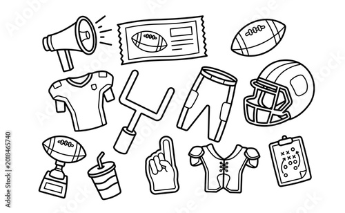 American Football Doodle Outline Set Sport Equipment Collection
