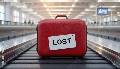 Red suitcase with 'LOST' tag on conveyor belt at airport