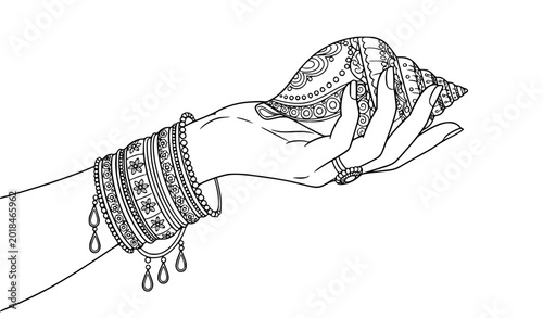 Bild auf Leinwand Minimal woman hand outline with bangles and decorative conch shell vector art