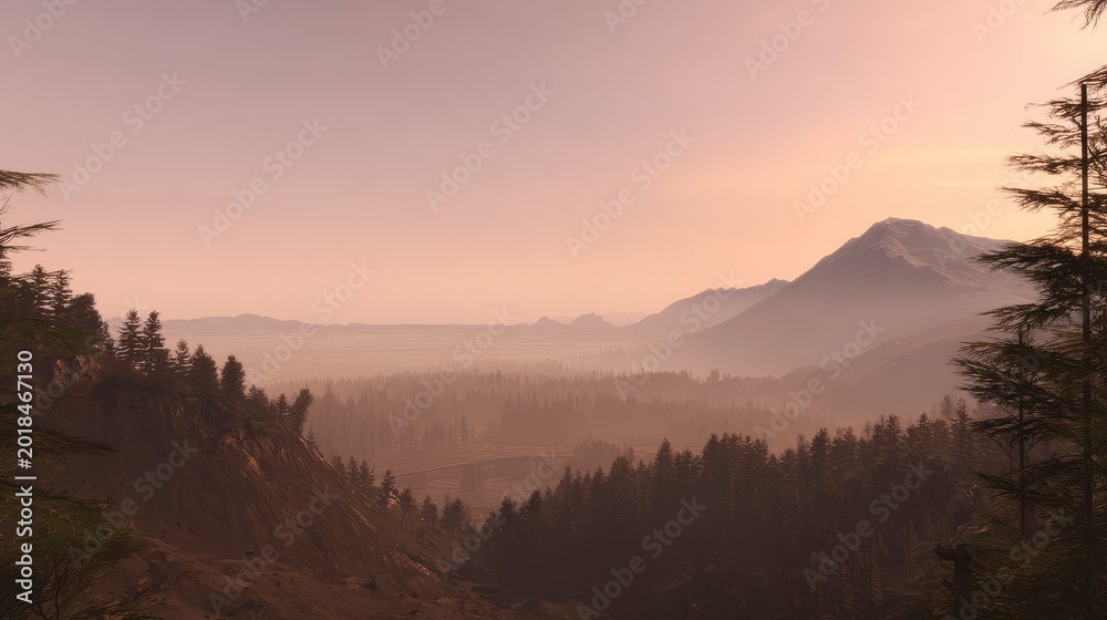 Fototapeta premium Craggy Mountain Summits at Sunrise over Misty Valleys with Pale Dawn Light and Serene Early-Morning Atmosphere