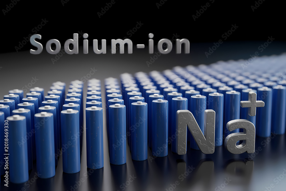 Fototapeta premium Rows of blue sodium-ion batteries are displayed with the text 'Sodium-ion' and 'Na+' above them.
