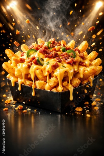 Loaded cheesy fries with bacon, jalapeño and melted cheese sauce served hot and crispy