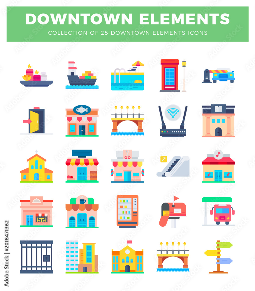 Fototapeta premium Downtown icon collection with city elements on white
