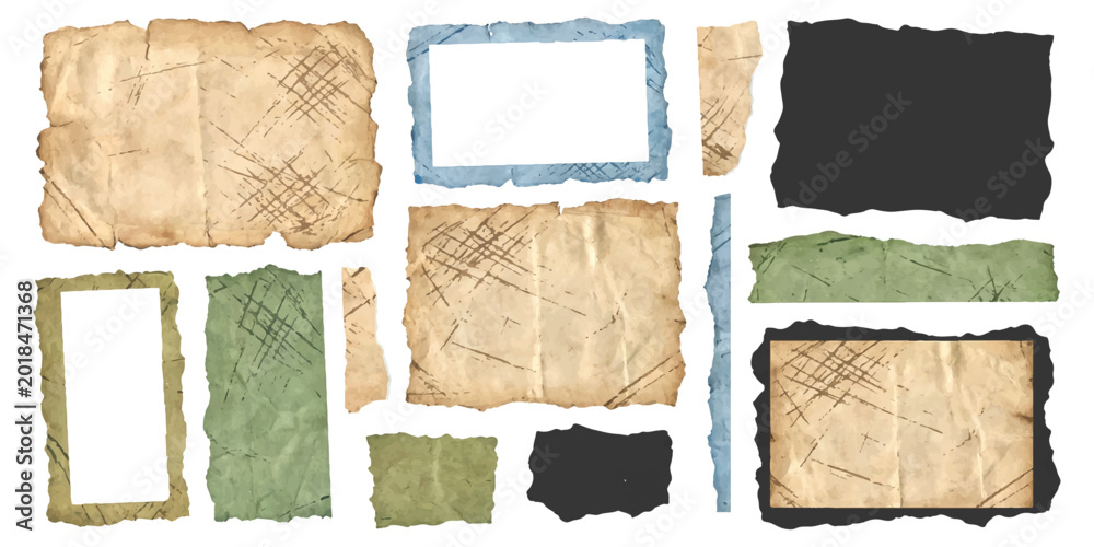 Fototapeta premium Set of torn paper pieces and ripped textured vintage map fragments