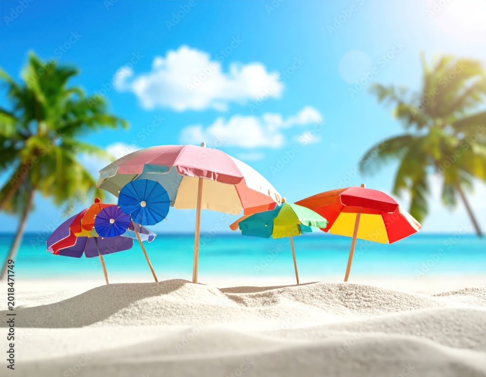 Fototapeta premium Colorful beach umbrellas on pristine sand, with palm trees and ocean