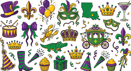 Quadro su tela Colorful Mardi Gras New Orleans Carnival Clipart Set with Mask, Crown, Carriage,