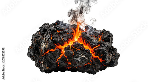 Molten lava rock with flames and smoke on black background