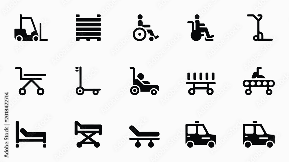 Fototapeta premium Set of 15 Black Medical and Logistics Transport Icons Vector