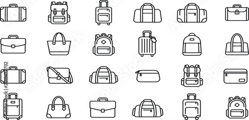 Vászonkép Travel Bag and Luggage Line Icon Collection with Suitcases, Backpacks, Handbags,