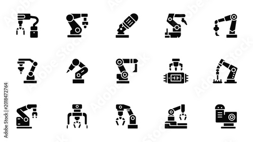 Set of 15 Industrial Robotic Arm Icons Vector