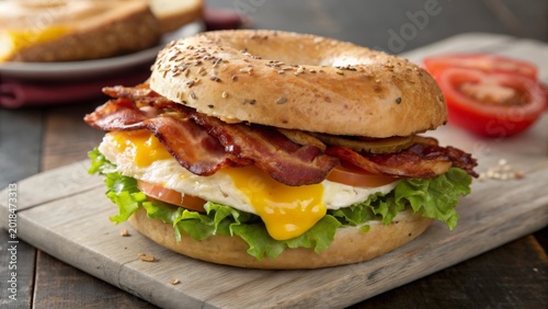 Bacon, egg, and cheese bagel sandwich served on a wooden board with fresh ingredients and a side of tomato slices