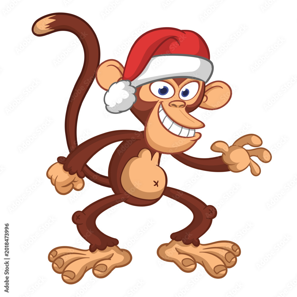 Fototapeta premium Cartoon funny monkey chimpanzee wearing Santa Hat. Vector illustration for Christmas