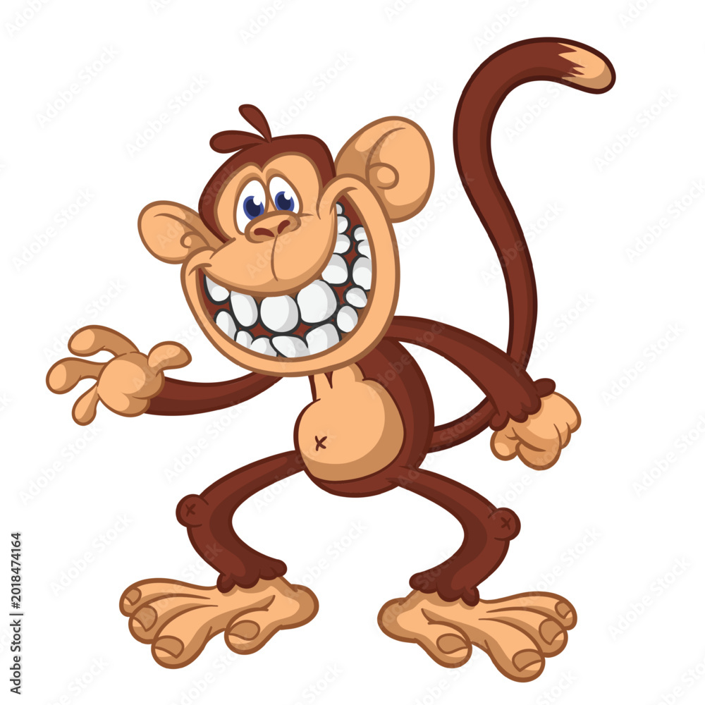 Obraz premium Cartoon funny brown monkey chimpanzee jumping or dancing. Vector illustration isolated on white
