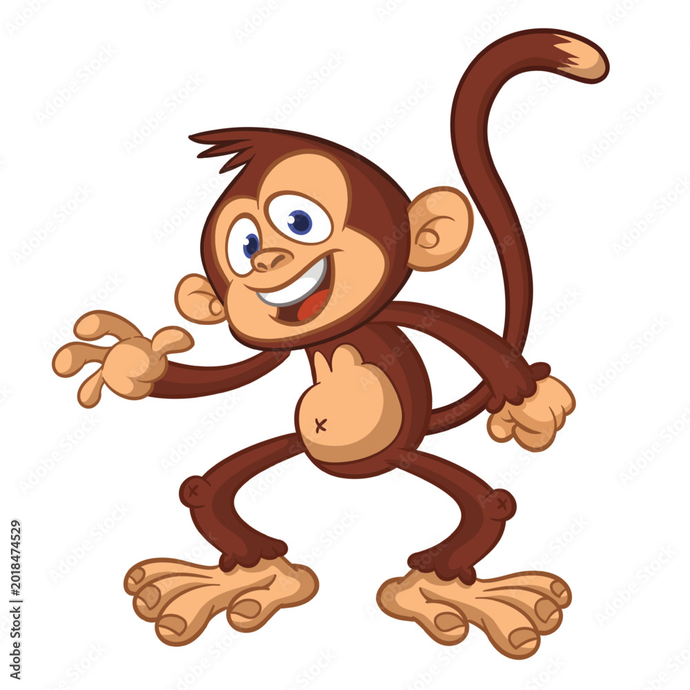 Obraz premium Cartoon funny brown monkey chimpanzee jumping or dancing. Vector illustration isolated on white