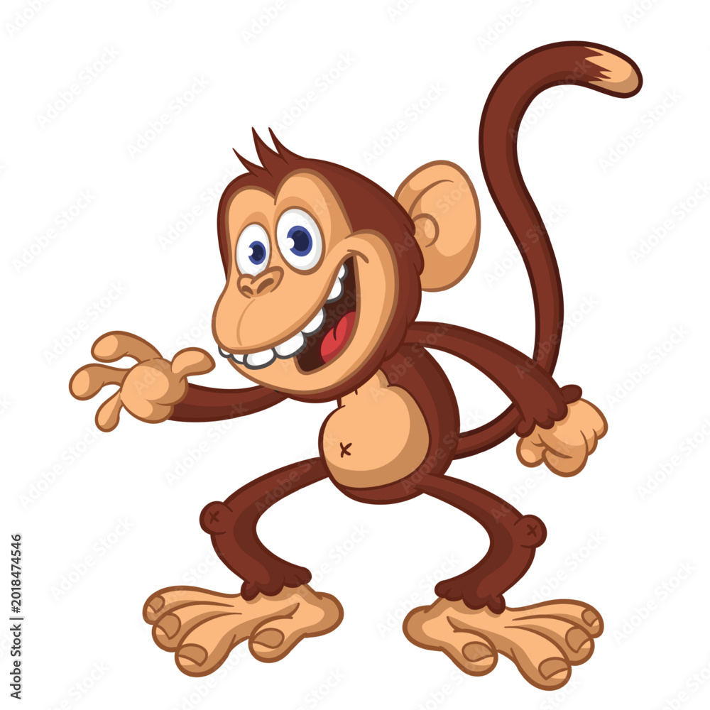 Fototapeta premium Cartoon funny brown monkey chimpanzee jumping or dancing. Vector illustration isolated on white