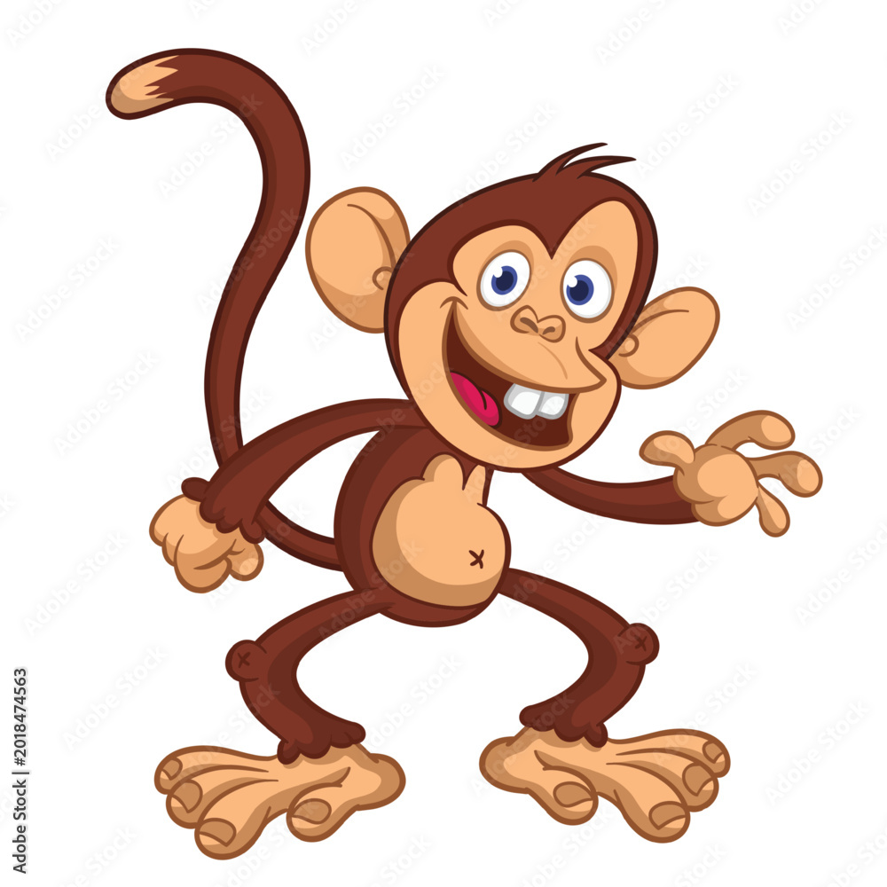 Fototapeta premium Cartoon funny brown monkey chimpanzee jumping or dancing. Vector illustration isolated on white