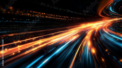 Abstract light trails moving at high speed create a dynamic sense of motion in this photograph