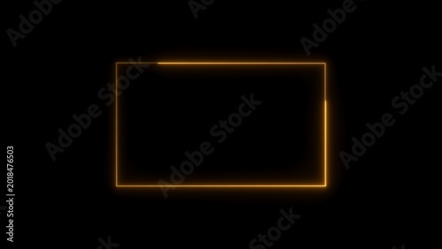 Glowing orange neon rectangular frame outline isolated on a solid black background for