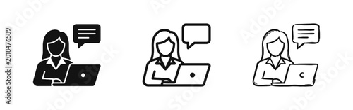 Bild auf Leinwand Woman Working on Laptop with Message Bubble Icon Set