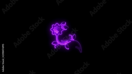 Glowing purple neon flower with petals and leaves isolated on a solid black background