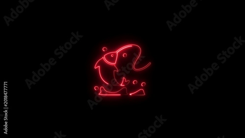 Glowing red neon outline of a jumping fish with water splashes on a solid black background