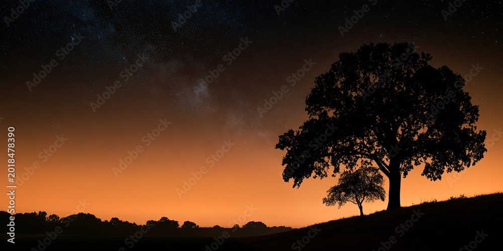 Fototapeta premium Silhouettes of two trees on a grassy hill against a starry, orange night sky