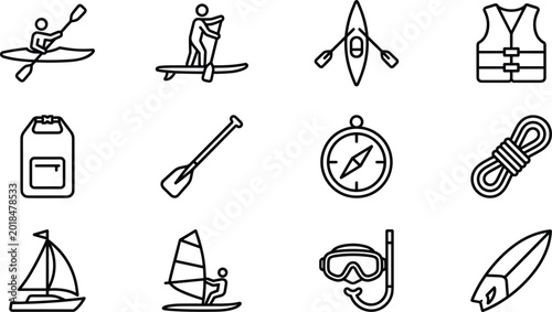 Obraz na plátně Water Sports and Adventure Icon Set Featuring Kayaking, Sailing, Paddleboarding,