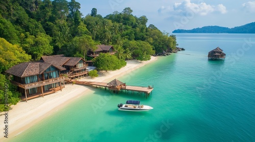 Tropical island beach view with a house and traditional wooden boat near