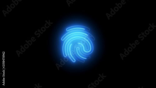 Luminous blue neon fingerprint representing biometric security on a solid black background