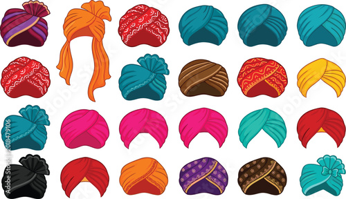 Quadro su tela Colorful Traditional Indian Turban and Headwear Collection Vector Illustration S
