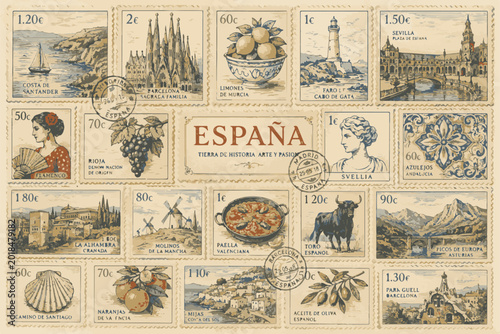 Vintage Spain postage stamps collection, retro Spanish travel illustrations with landmarks and culture, antique philately set featuring bull and paella, sepia toned vector art for scrapbooking