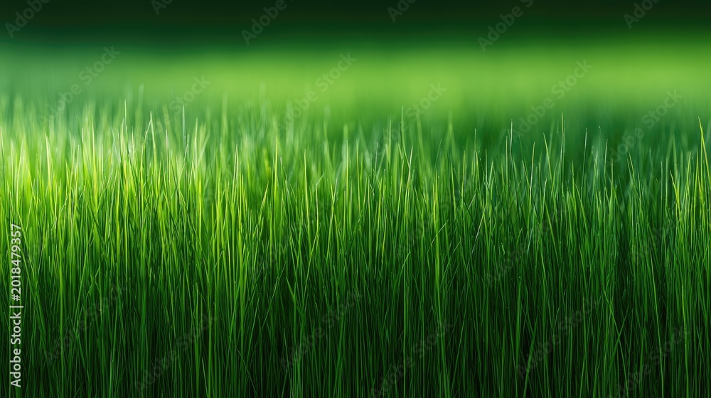 Fototapeta premium Lush green blades of grass are brightly lit from the side, creating a vibrant, fresh appearance