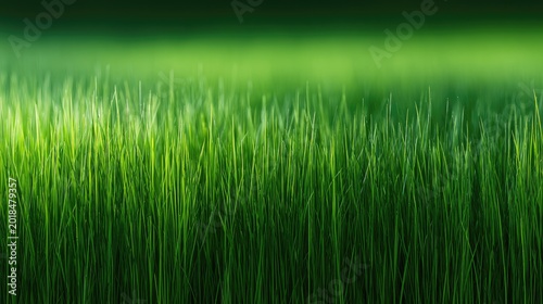 Lush green blades of grass are brightly lit from the side, creating a vibrant, fresh appearance