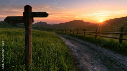 Rural path diverges at sunset, leading through green hills