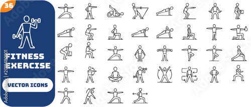 Minimal CAD fitness exercise drawings set with people performing yoga, stretching and strength training, clean outline symbols for workout plans and architectural layouts.