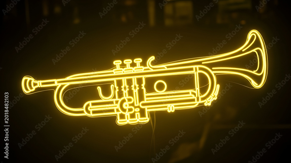 Obraz premium Glowing neon trumpet outline against dark background in artistic display