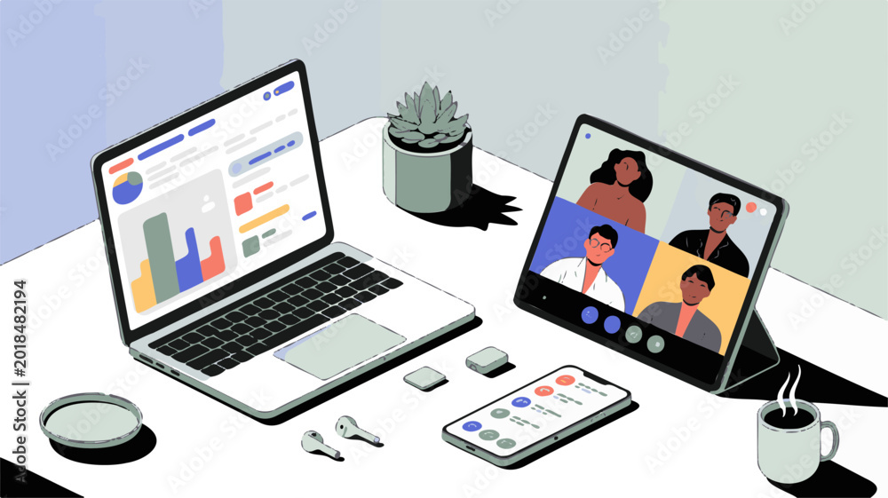 Fototapeta premium Laptop and tablet displaying diverse professional video conference participants for modern remote team collaboration in a clean digital workspace environment