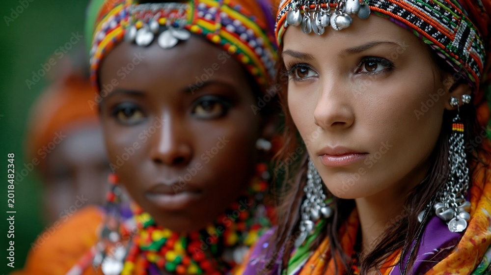 Obraz premium A portrait of two young women wearing vibrant ethnic jewellery provides an atmospheric backdrop for themes of diversity and fashion.
