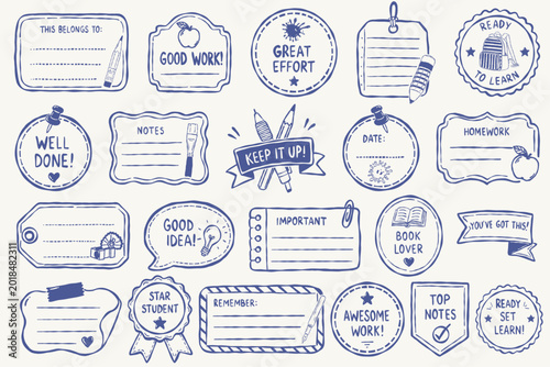 Foto Educational reward badges and school labels in sketch doodle style