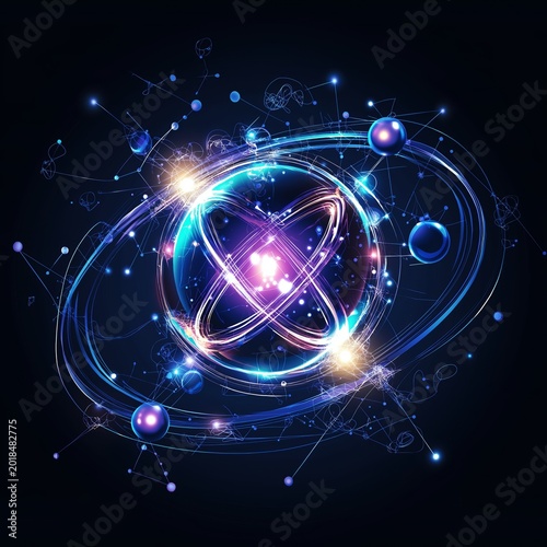 Atom with rotating electrons, energy and matter concept background