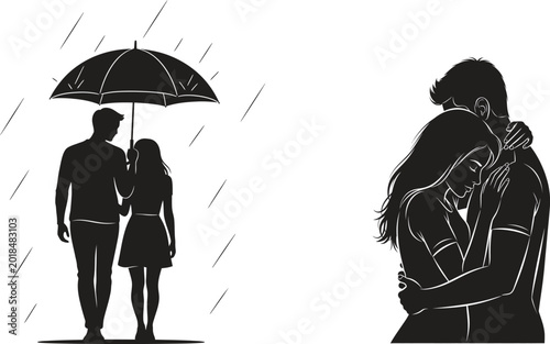 Couple silhouettes, romantic love icons, black vector illustrations, relationship symbols, emotional graphics