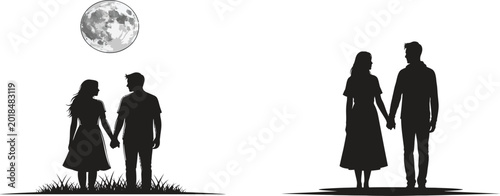 Romantic Couple Silhouettes, Love Icons, Hand in Hand, Moonlight Vector Illustrations