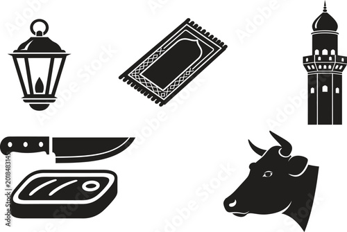 Eid al-Adha icons, Muslim holiday symbols, black vector illustrations, Ramadan celebration elements