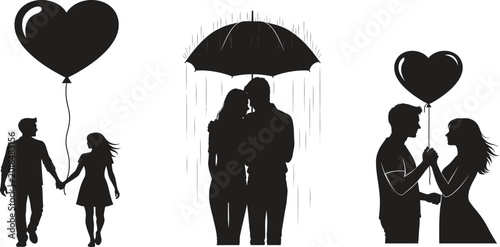 Romantic Couples, Love Silhouettes, Heart Balloons, Black Icons