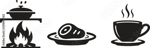 Food, cooking, and drink icons, black vector set, kitchen symbols