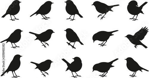 Vászonkép Black bird silhouettes, 15 different poses on white background, birds